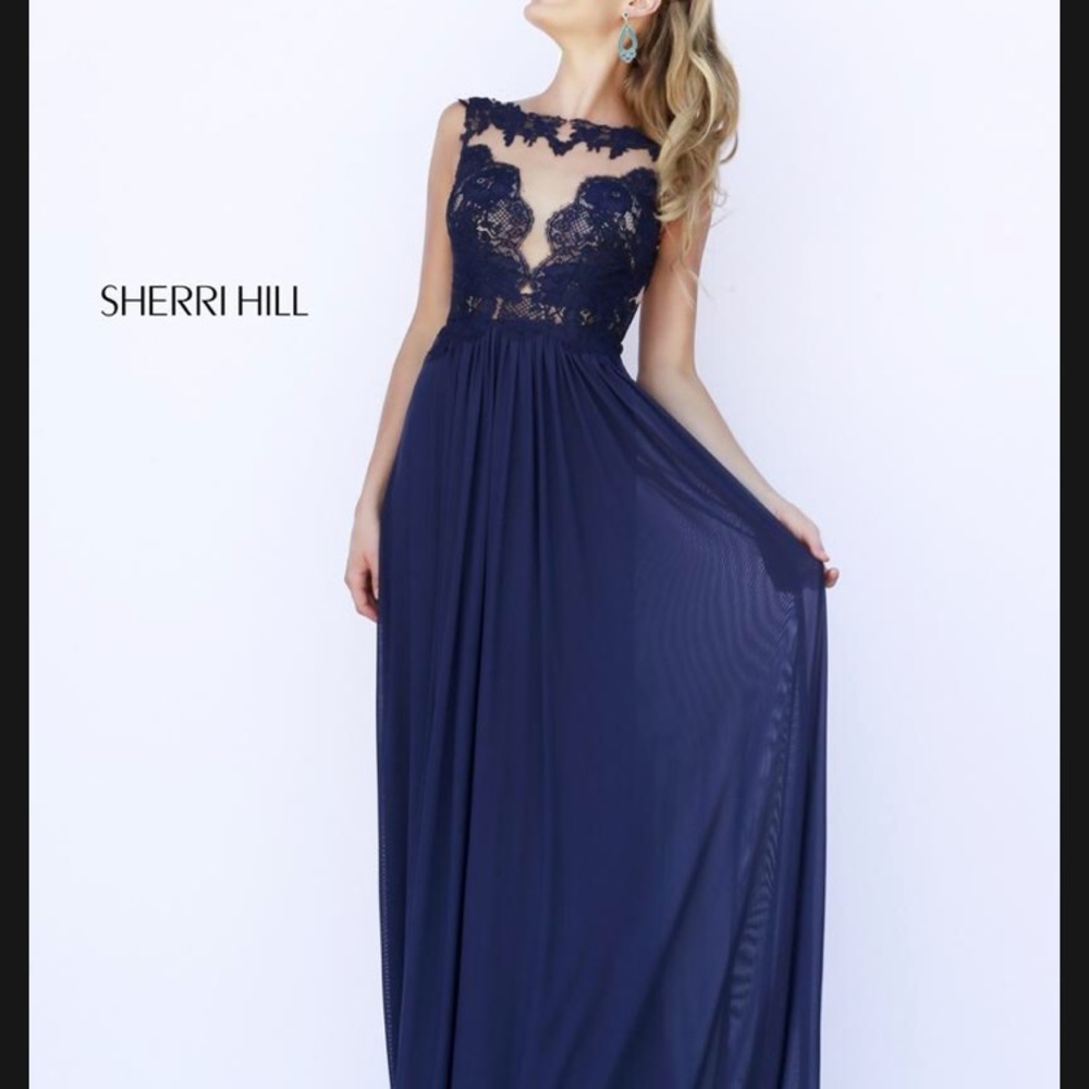 Sherri hill blue gown illusion neckline